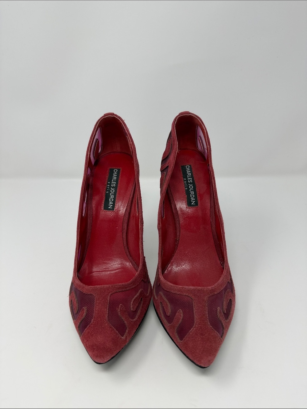 Charles Jourdan Red Suede Cutout Pointed Pumps